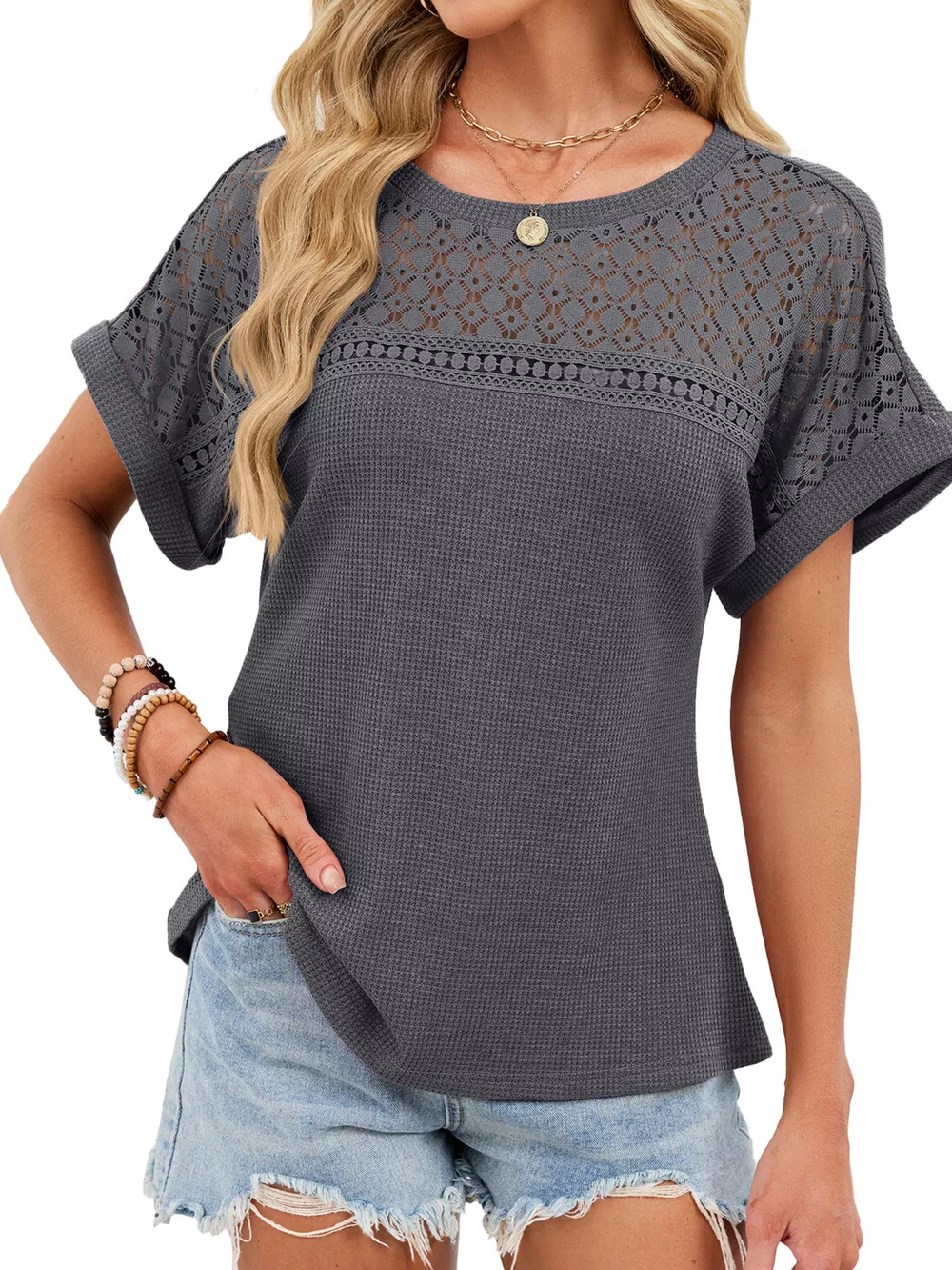 Lace-Trimmed Round Neck T-Shirt, image 17