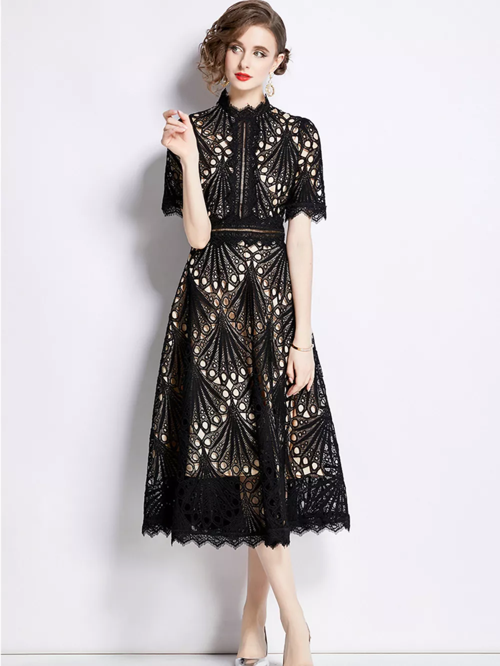 Full Size Lace Short Sleeve Midi Dress Plus Size, image 5