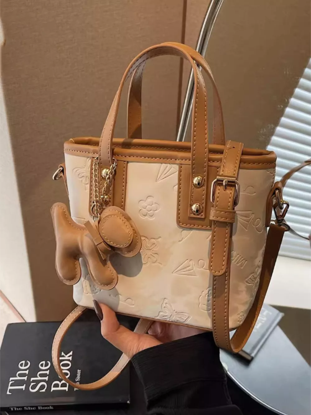 Embossed Pattern Crossbody Bag with Dog Charm, image 3
