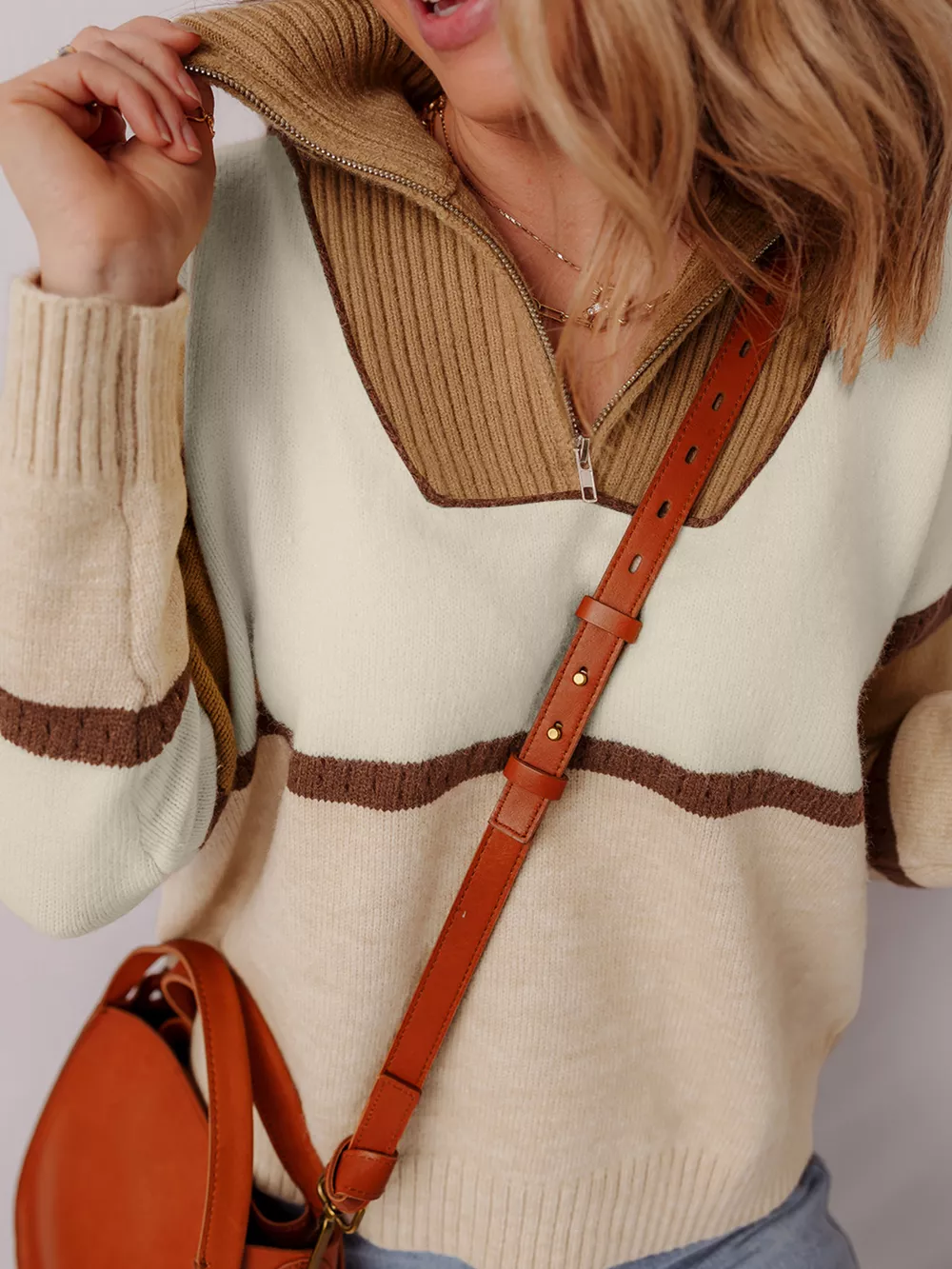 Color Block Zipped Collared Sweater, image 2