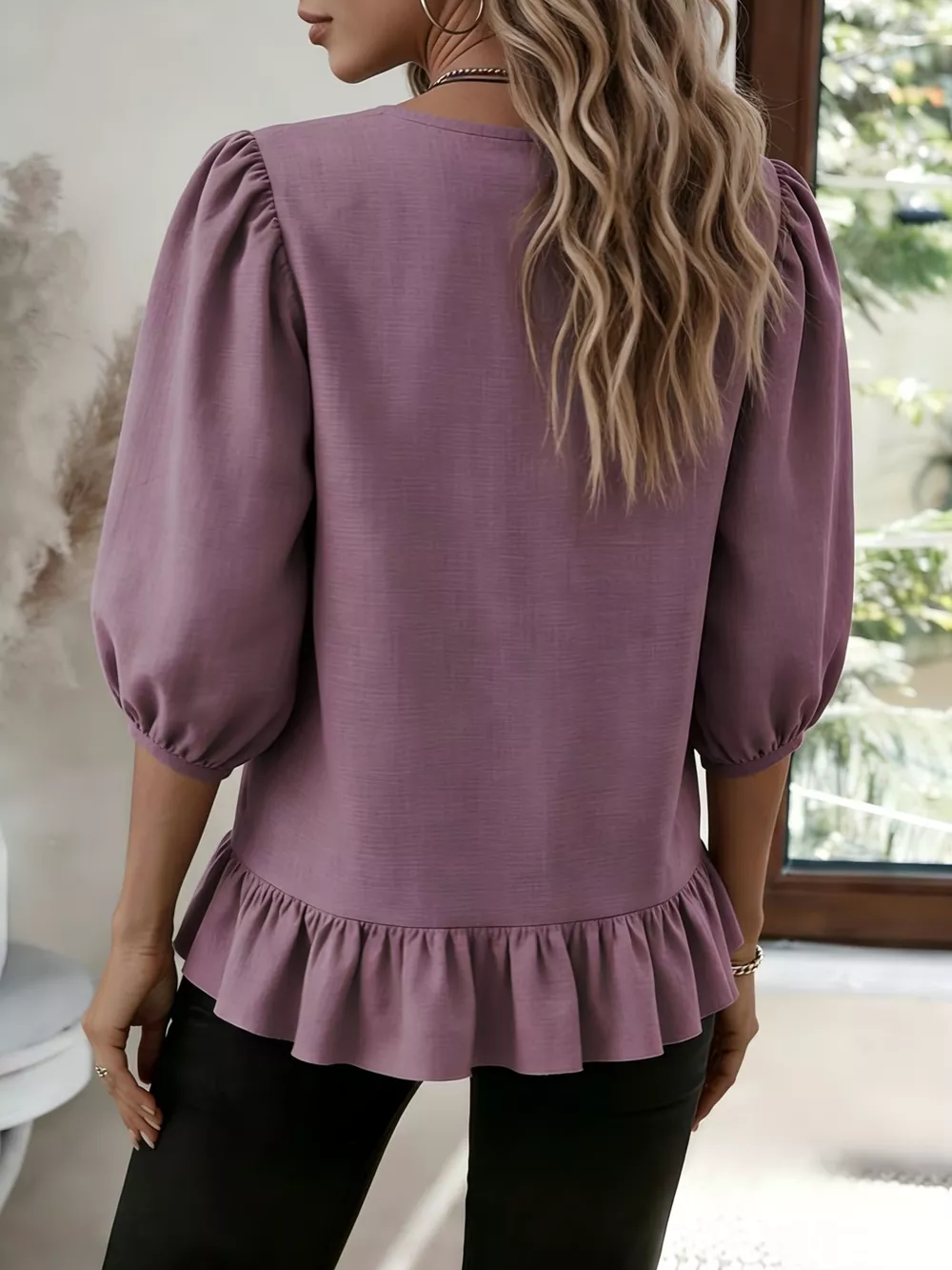Casual Puff Sleeve Ruffle Hem Blouse, image 10