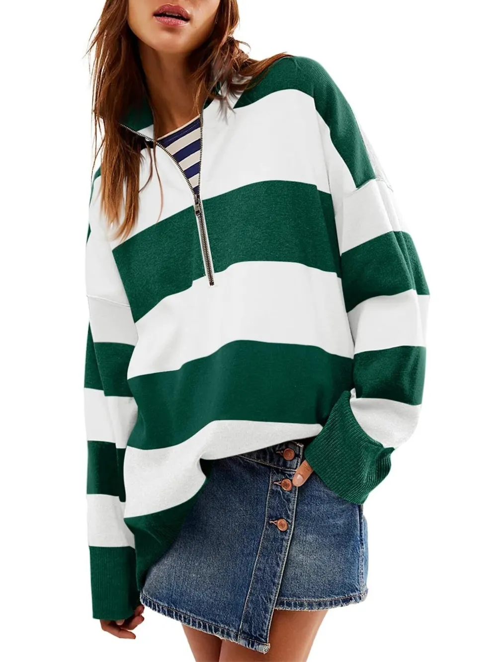 Striped Half-Zip Oversized Sweatshirt, image 3