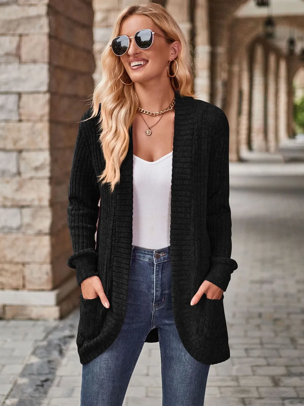Ribbed Open Front Long Cardigan with Pockets, image 7