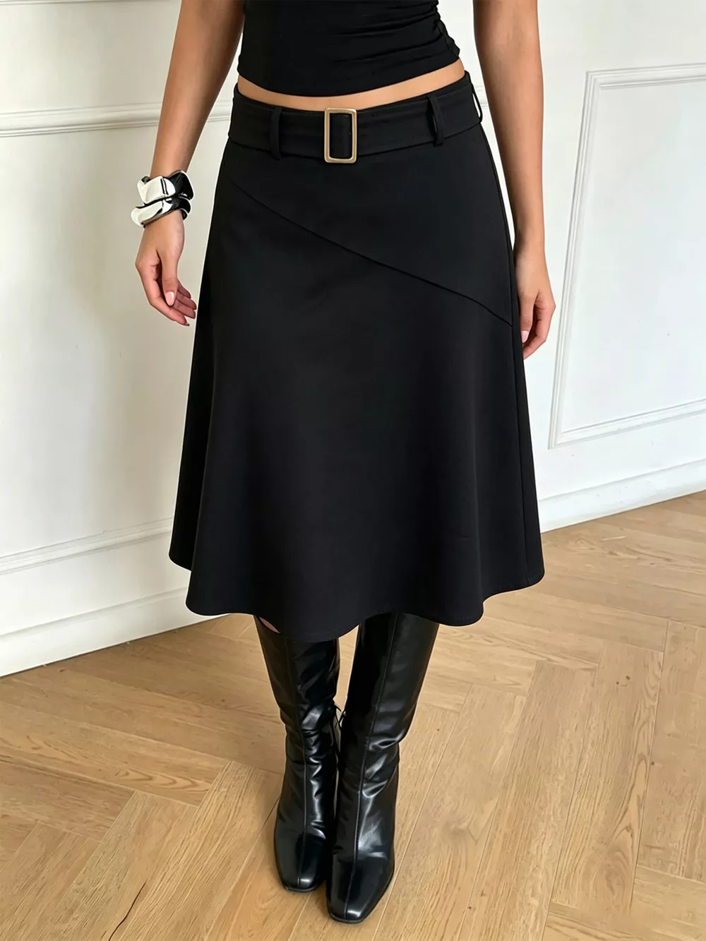 High-Waisted A-Line Midi Skirt with Belted Detail, image 2