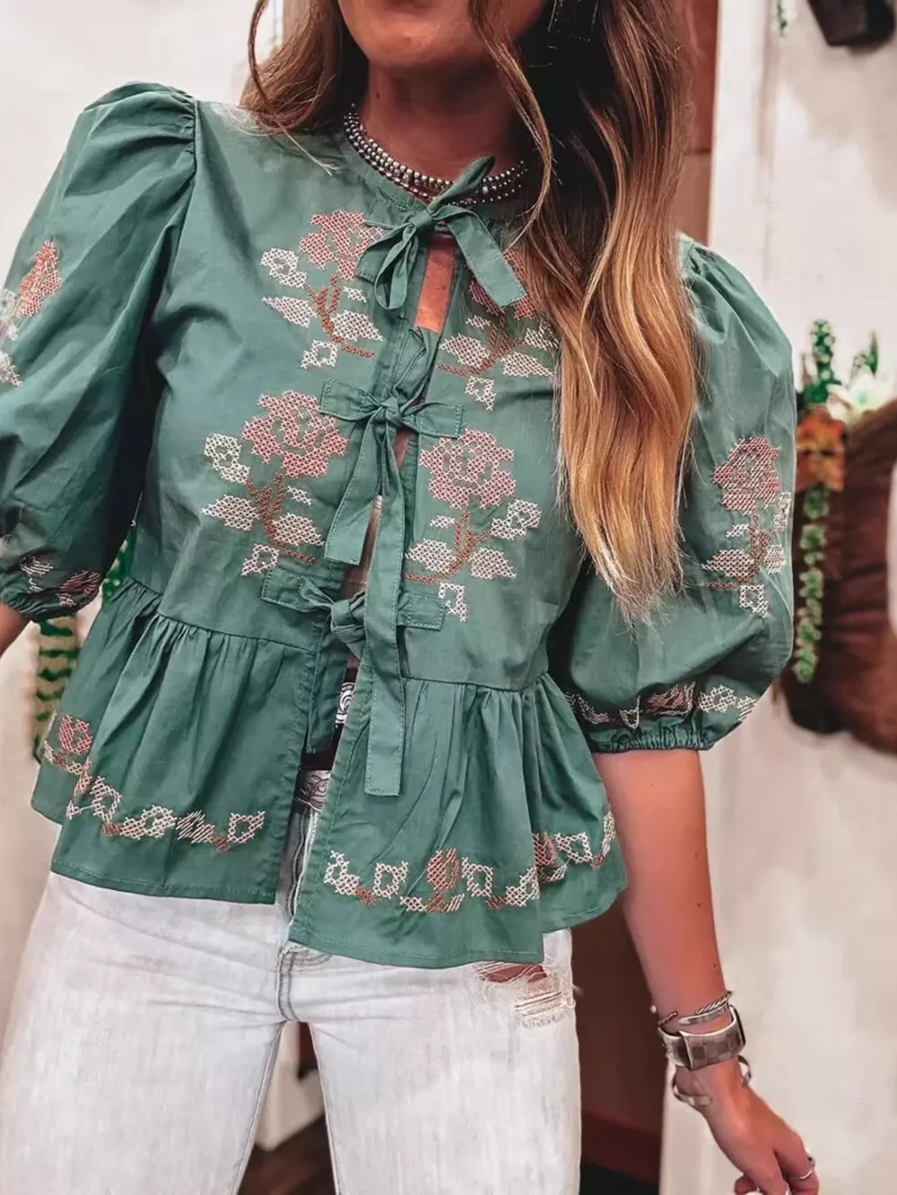 Tie Front Puff Sleeve Blouse