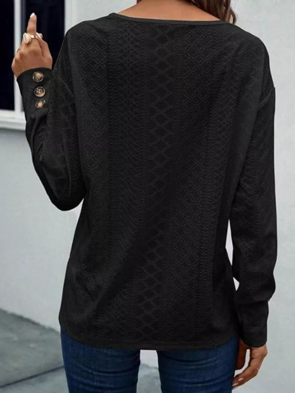 Eyelet V-Neck Long Sleeve Blouse, image 4