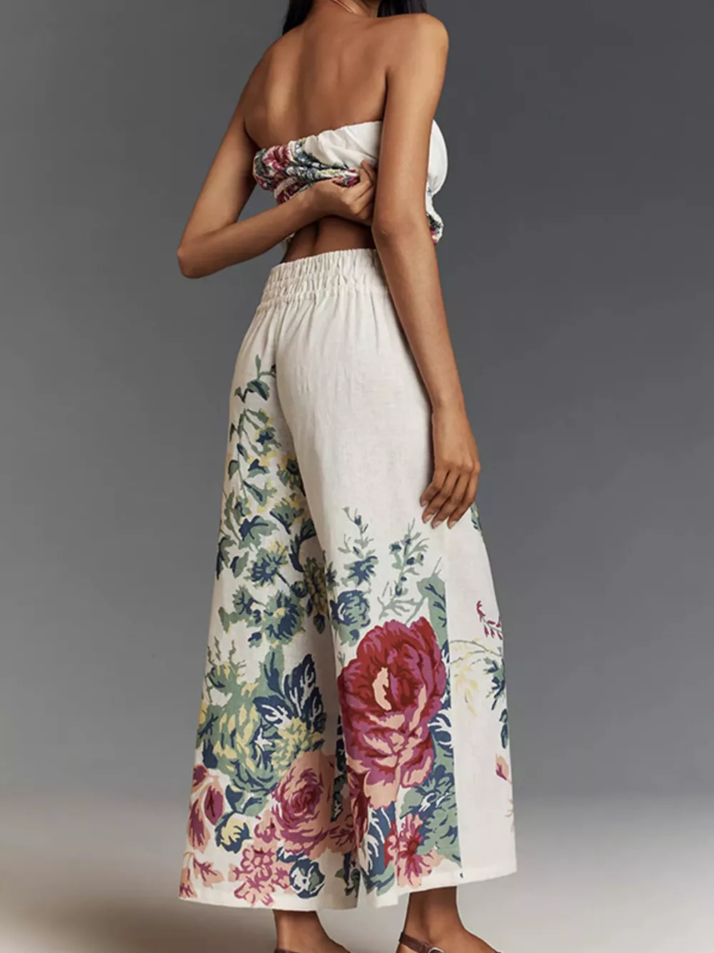 Floral Print Strapless Top and Wide-Leg Pants Set, image 3