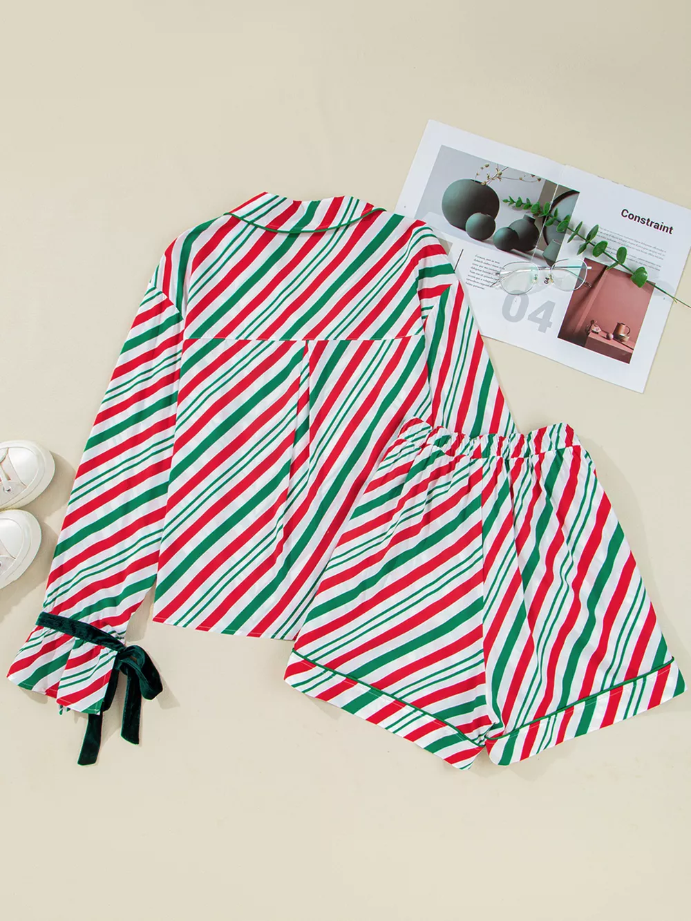 Stripe Contrast Velvet Ribbon Knot Christmas 2pcs Pajama Set, image 4
