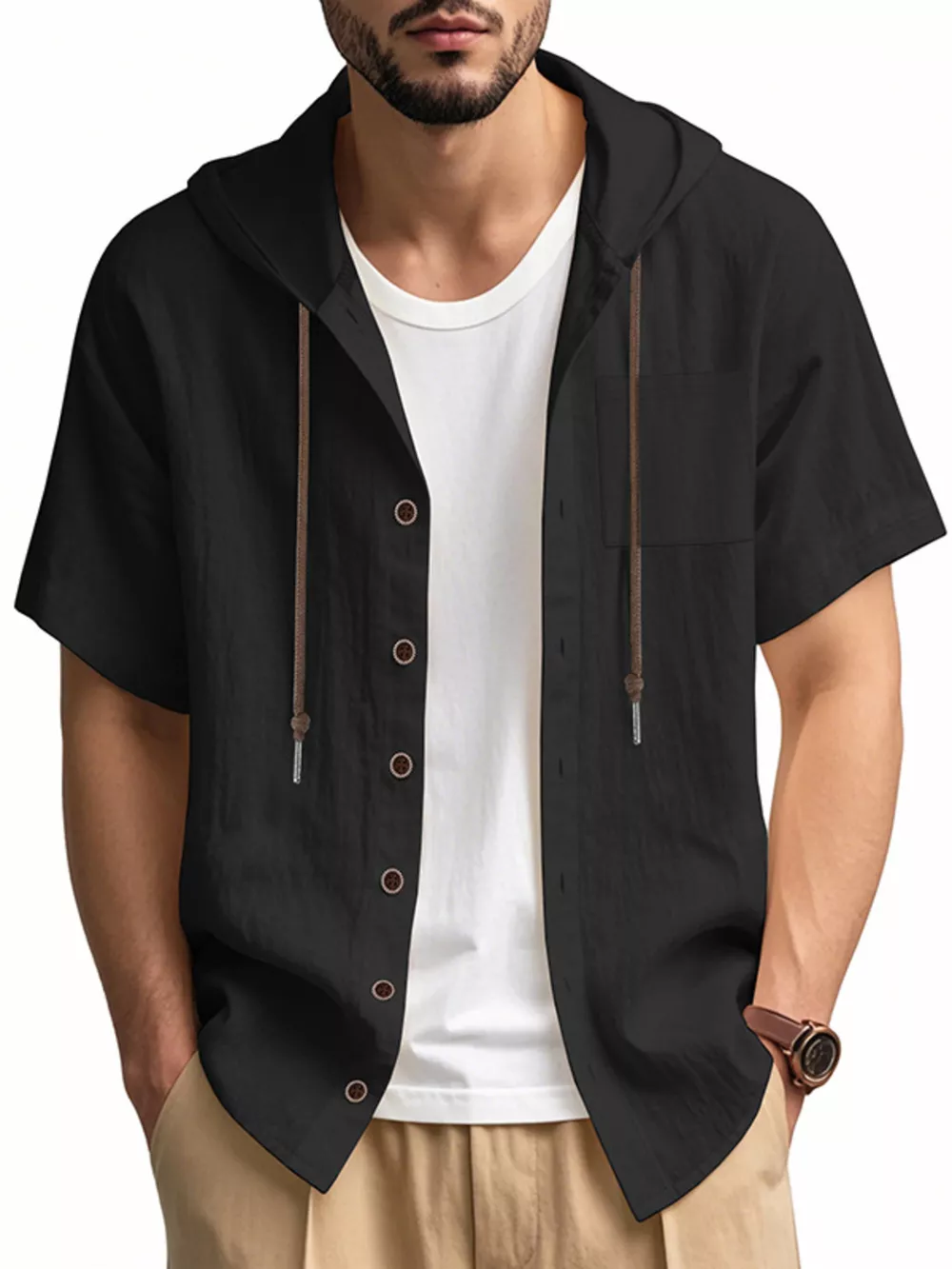 Men's Full Size Casual Hooded Short-Sleeve Shirt Plus Size, image 3