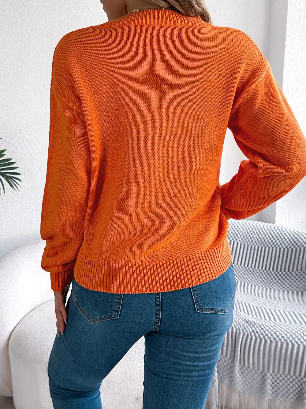 Openwork Round Neck Long Sleeve Sweater, image 3
