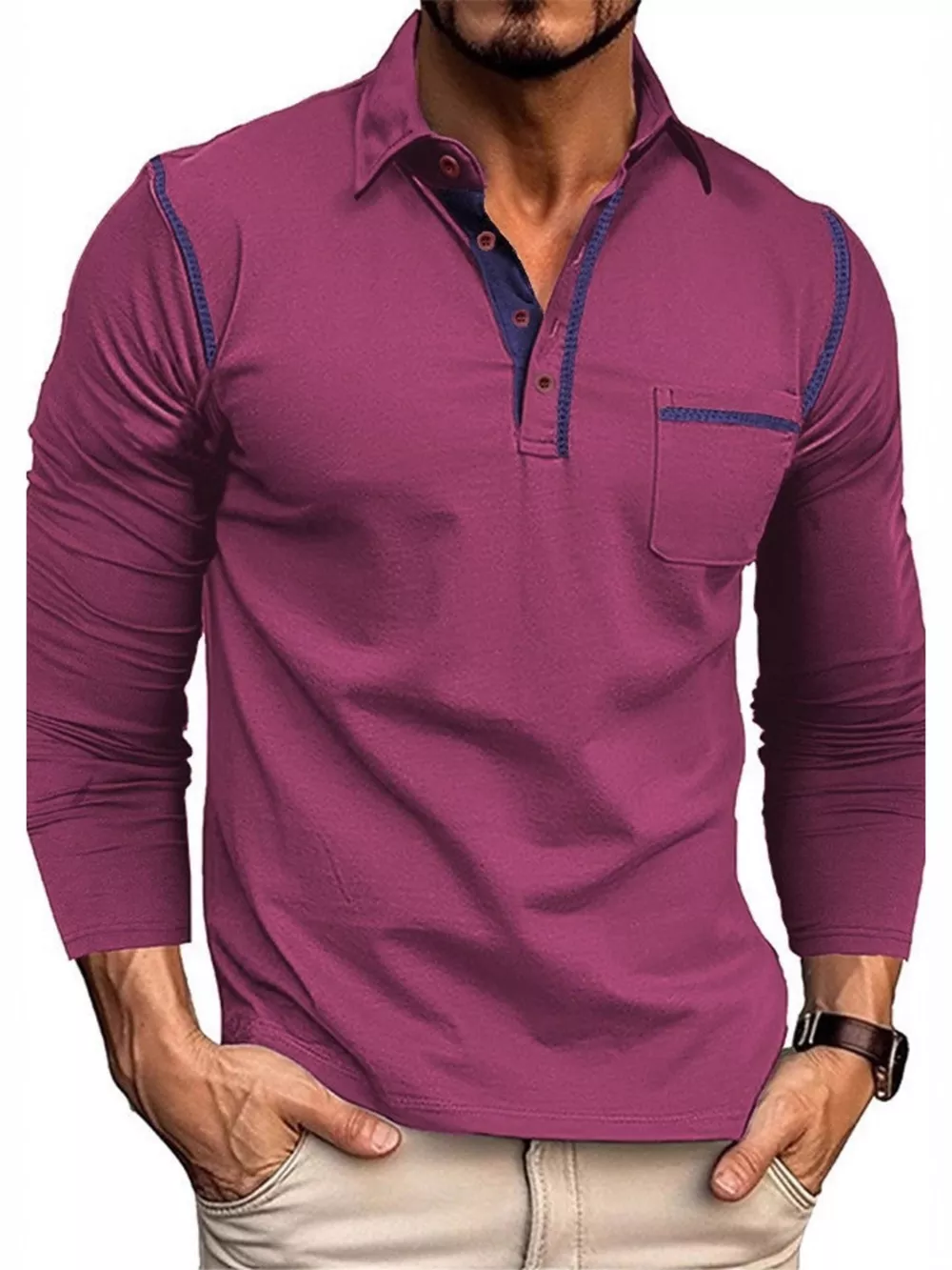 Men's Full Size Long Sleeve Casual Polo Plus Size