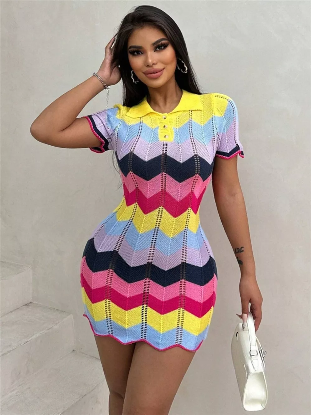Chevron Knit Short Sleeve Sweater Dress, image 2