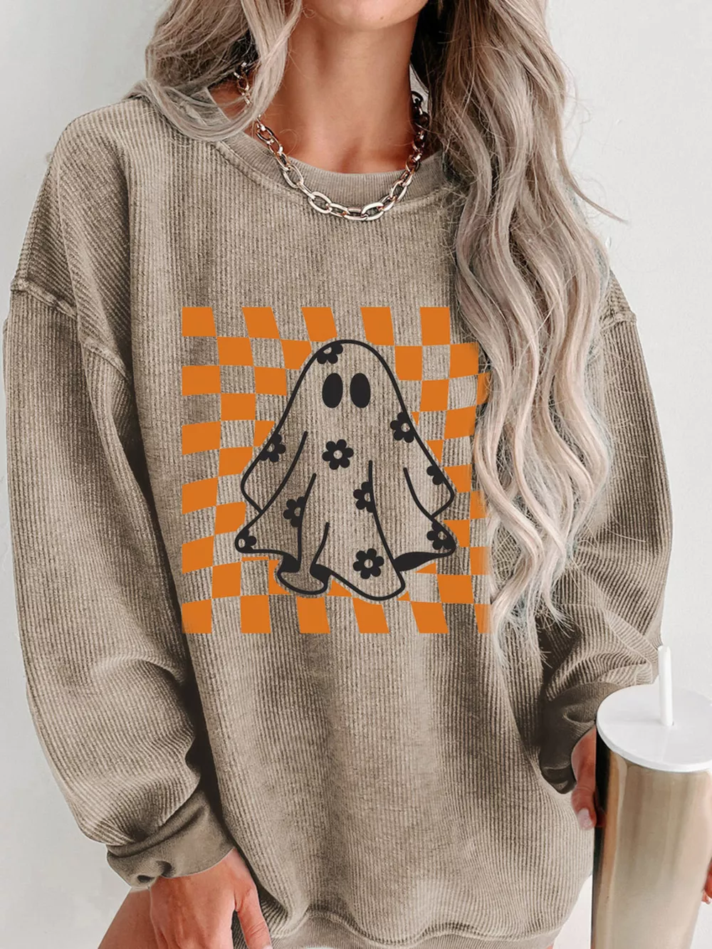 Halloween Checkerboard Floral Ghost Graphic Corded Sweatshirt, image 3