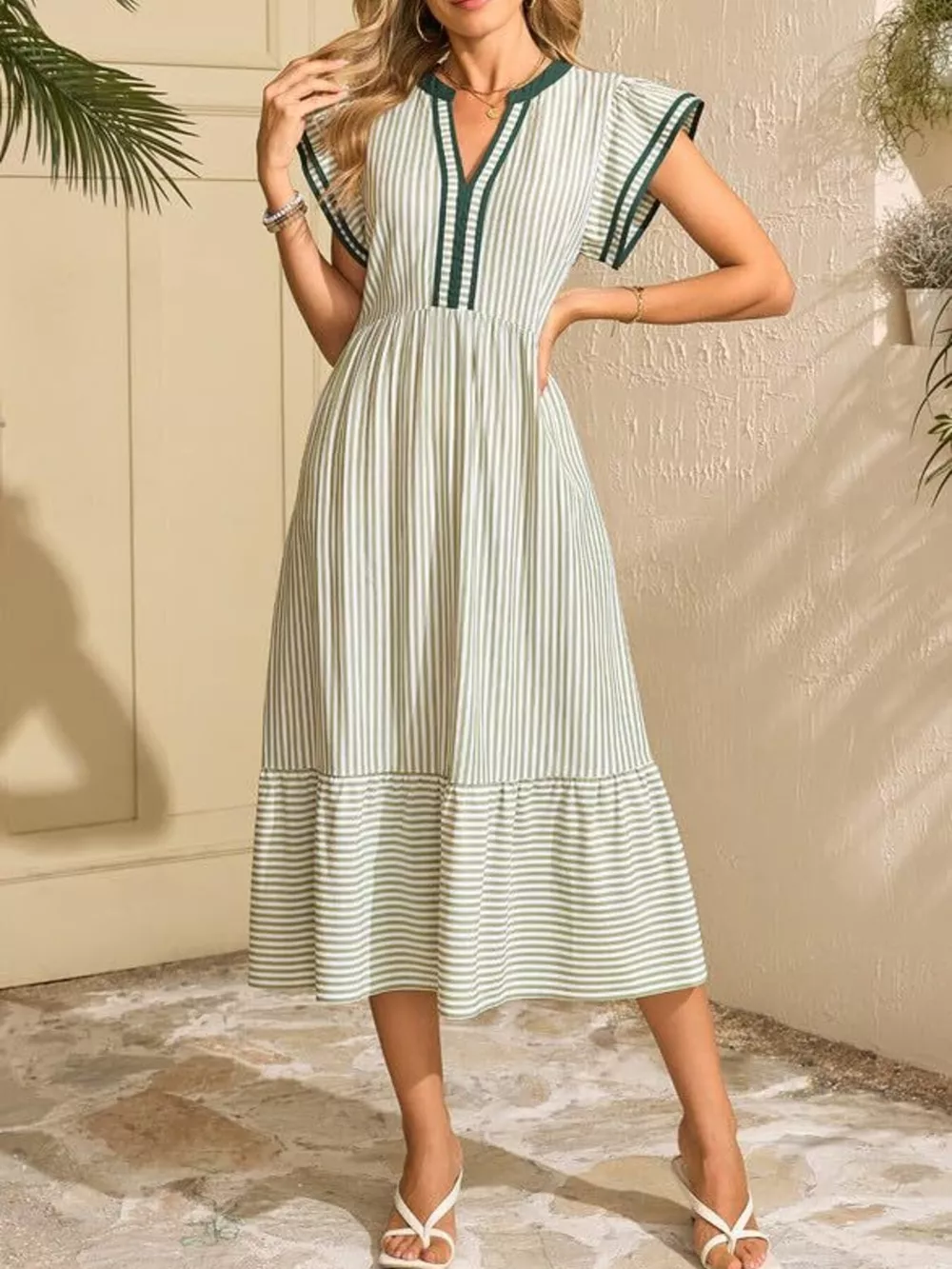 Striped Notched Ruffle Sleeve Dress, image 11