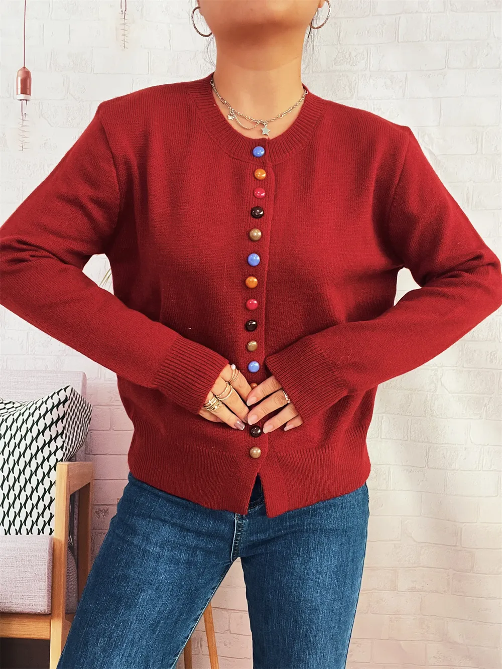 Button-Front Cardigan with Colorful Detail Buttons, image 20