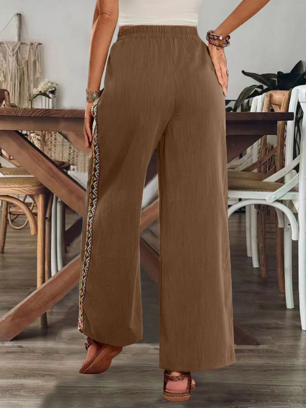Bohemian Wide Leg Embroidered Side Stripe Pants, image 4