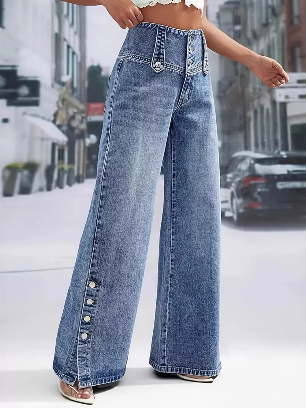High Waist Button Decor Wide Leg Jeans, image 2