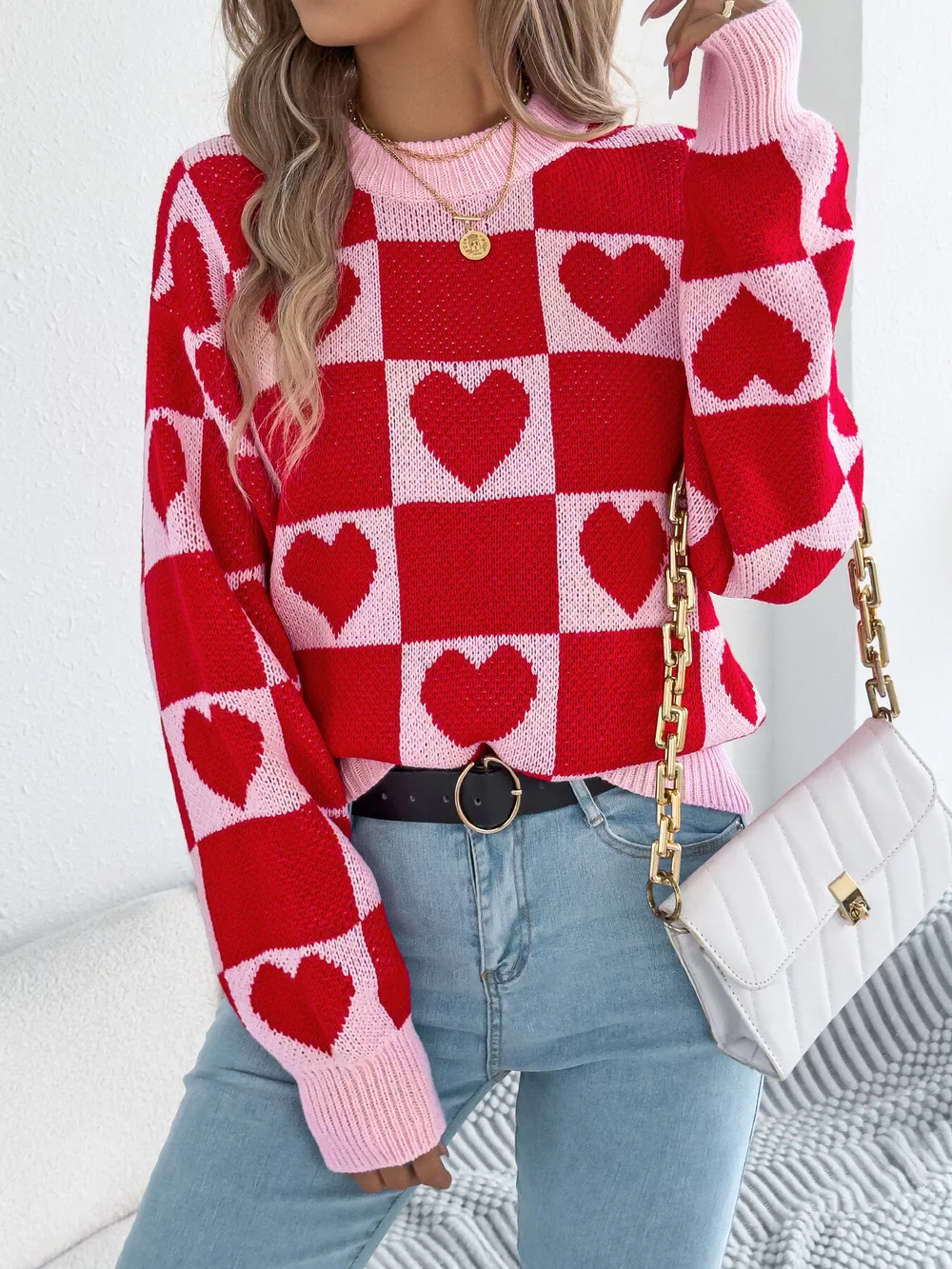 Heart Checkerboard Pattern Round Neck Sweater, image 17