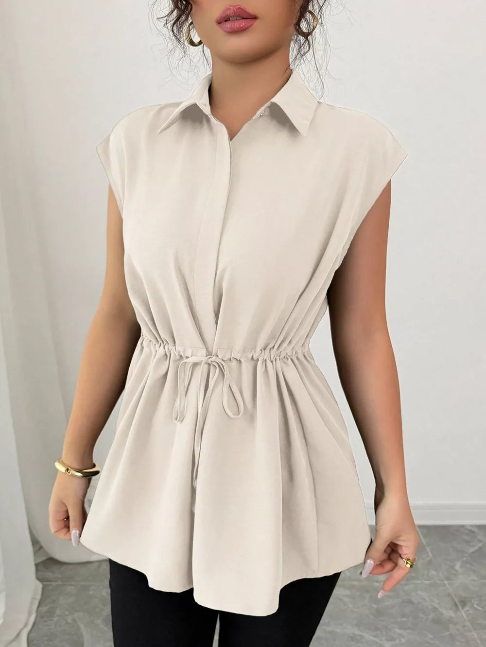Drawstring Waist Cap Sleeve Shirt