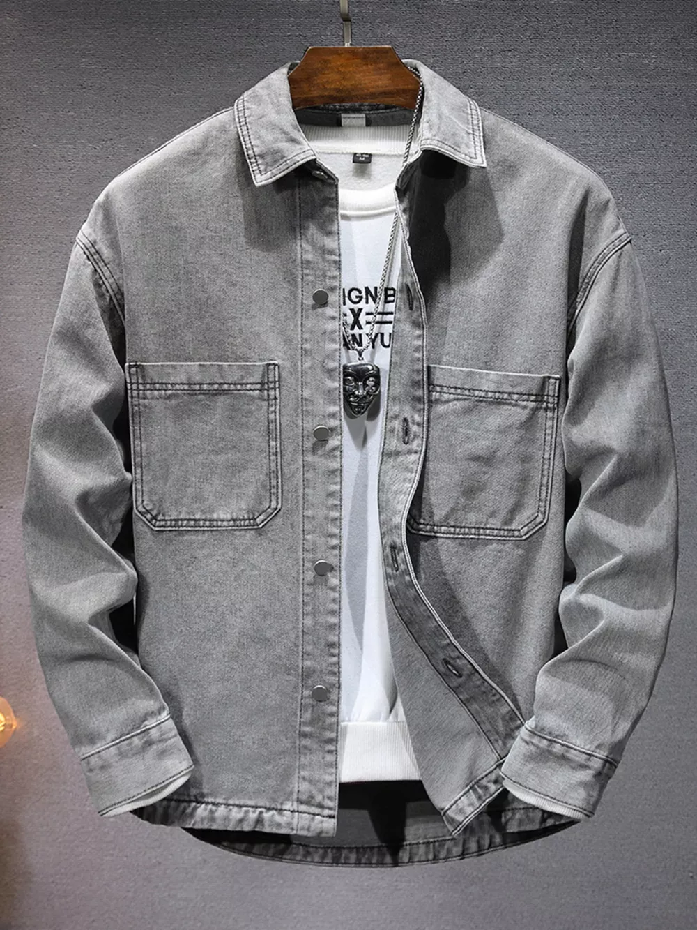 Men's Plus Size Vintage Washed Denim Shirt with Dual Chest Pockets, image 3