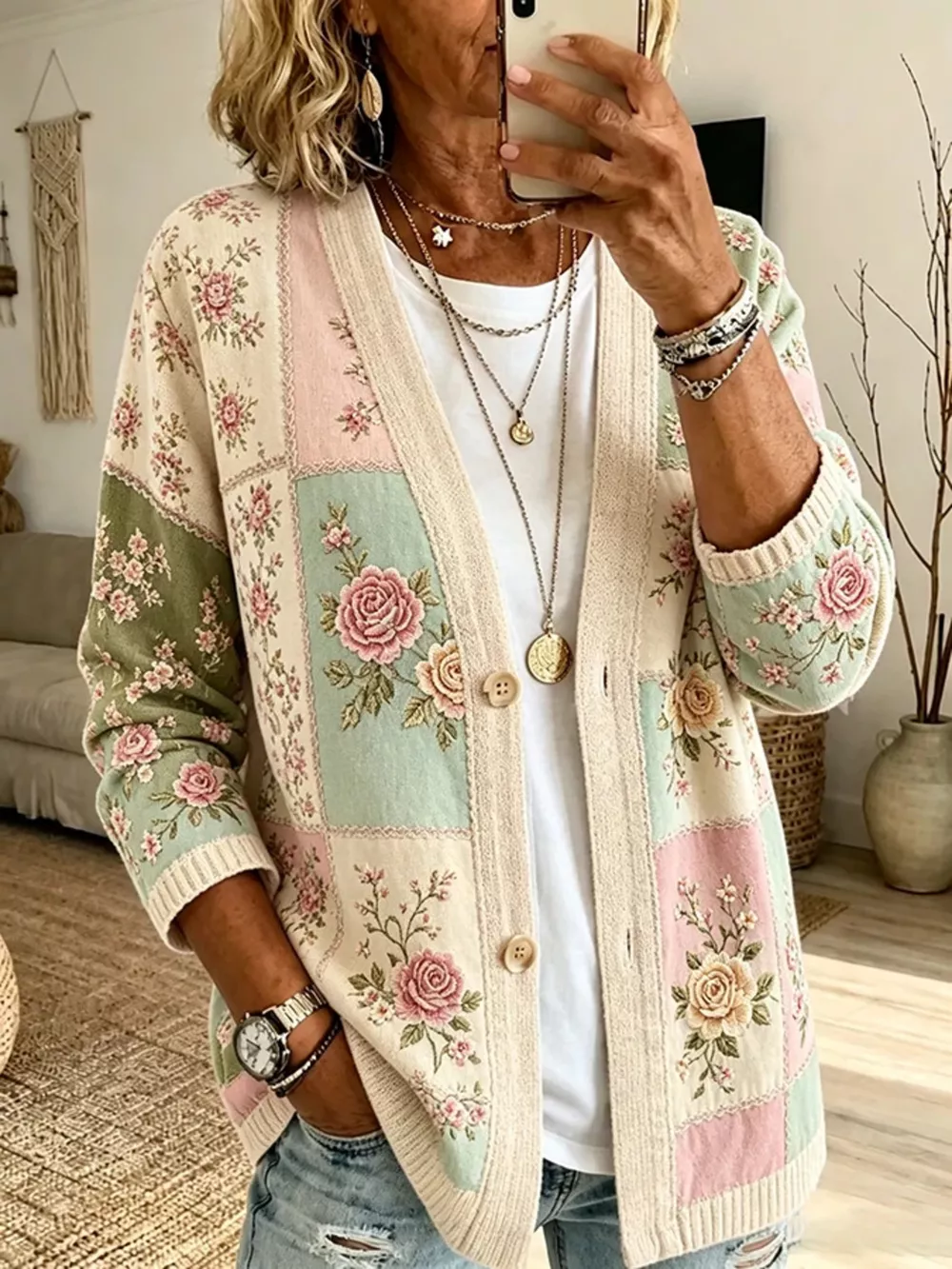 Full Size Floral V-Neck Button-Down Cardigan Plus Size