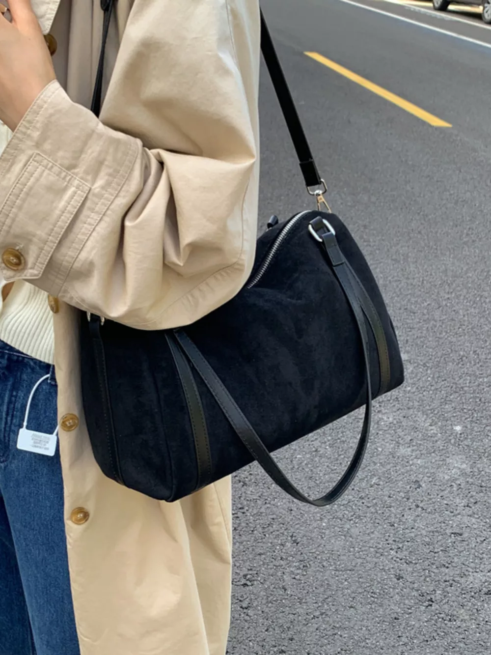 Suede Crossbody Bag with Zipper, image 3
