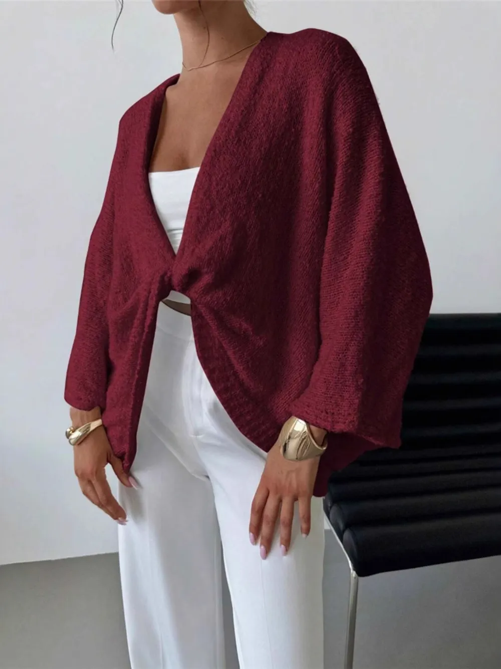 Twist-Front Textured Knit Cardigan, image 7