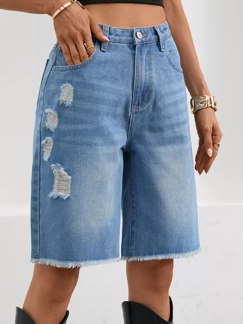 Ripped Frayed Hem Denim Shorts, image 3