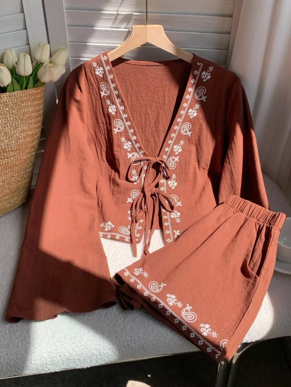 Embroidered Tie-Front Top & Shorts Set, image 9