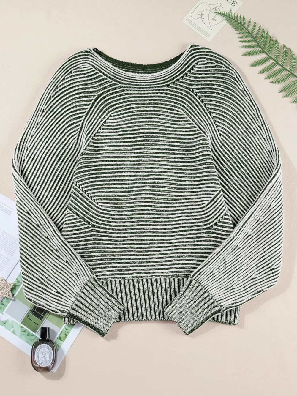 Striped Ribbed Knit Boat Neck Baggy Sweater, image 6