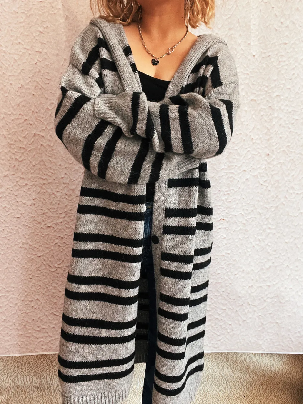 Striped Open Front Hooded Cardigan, image 15