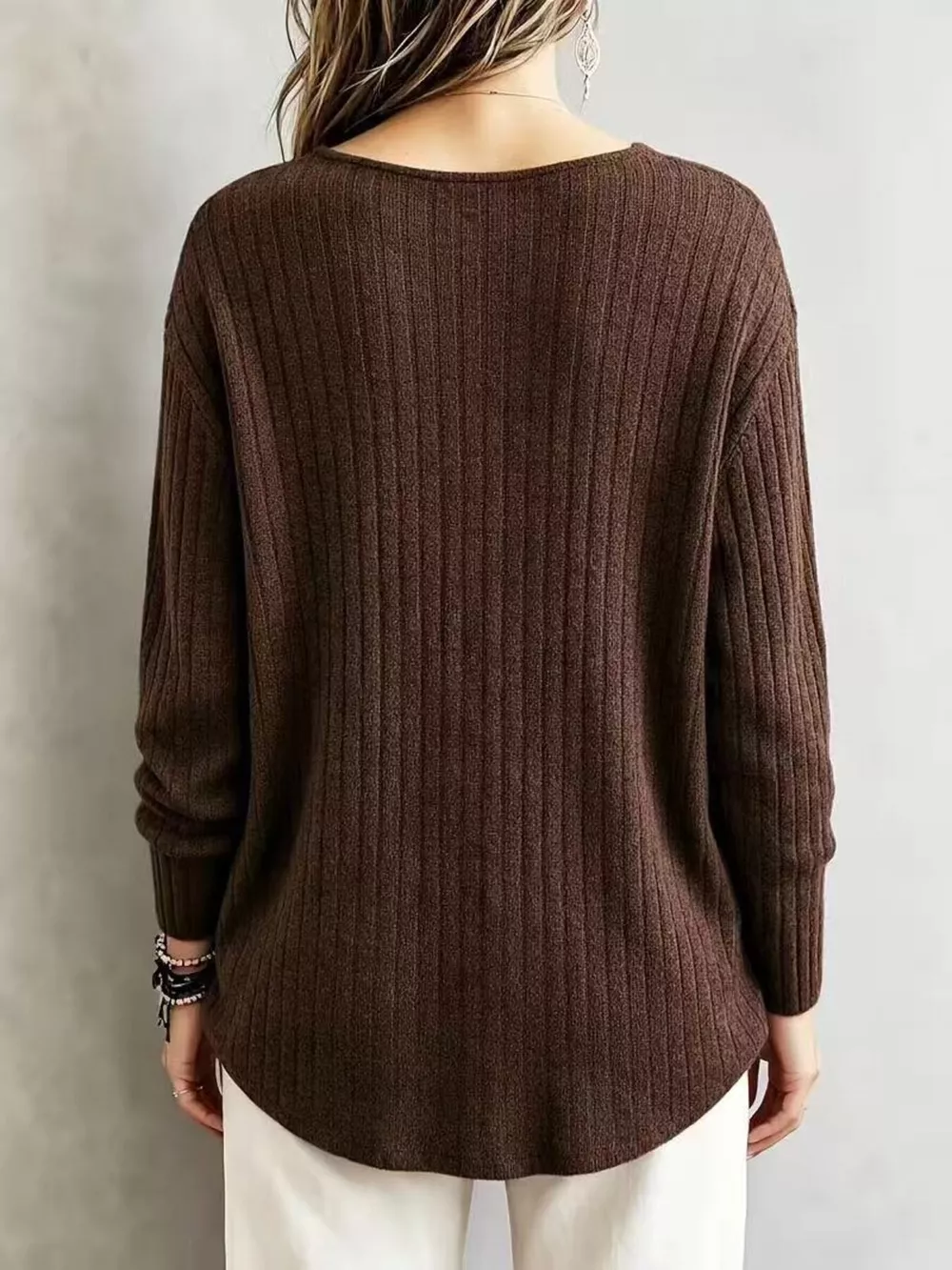 V-Neck Ribbed Long Sleeve T-Shirt, image 8