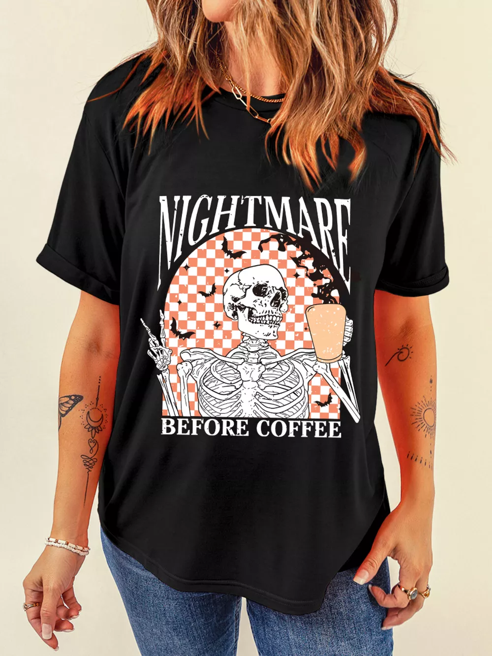 Halloween Skull Checkerboard Graphic Round Neck T-Shirt, image 2