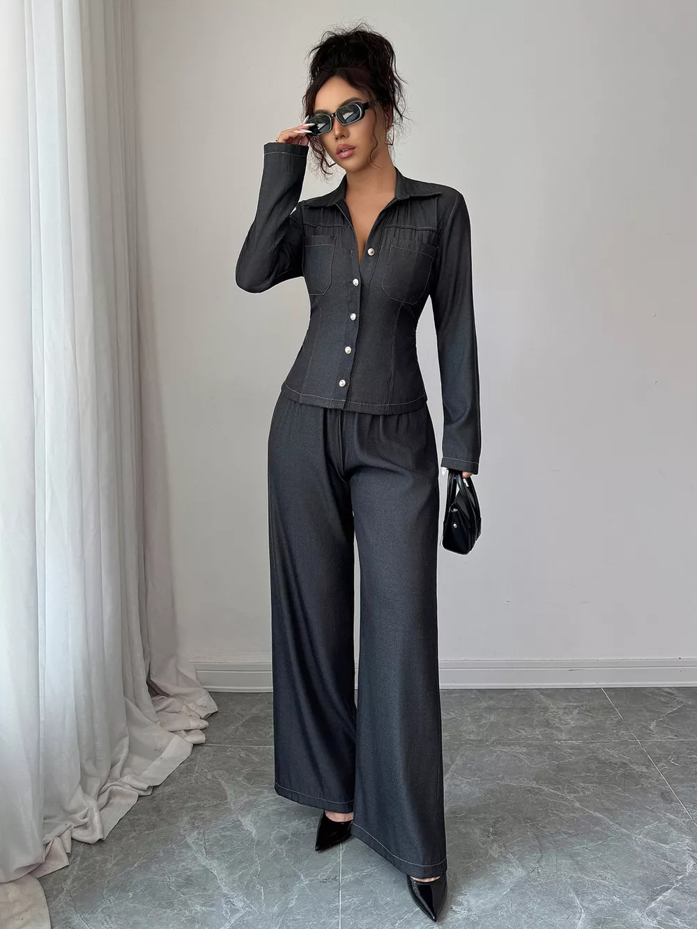 Button-Up Shirt & Wide Leg Pants Set, image 2