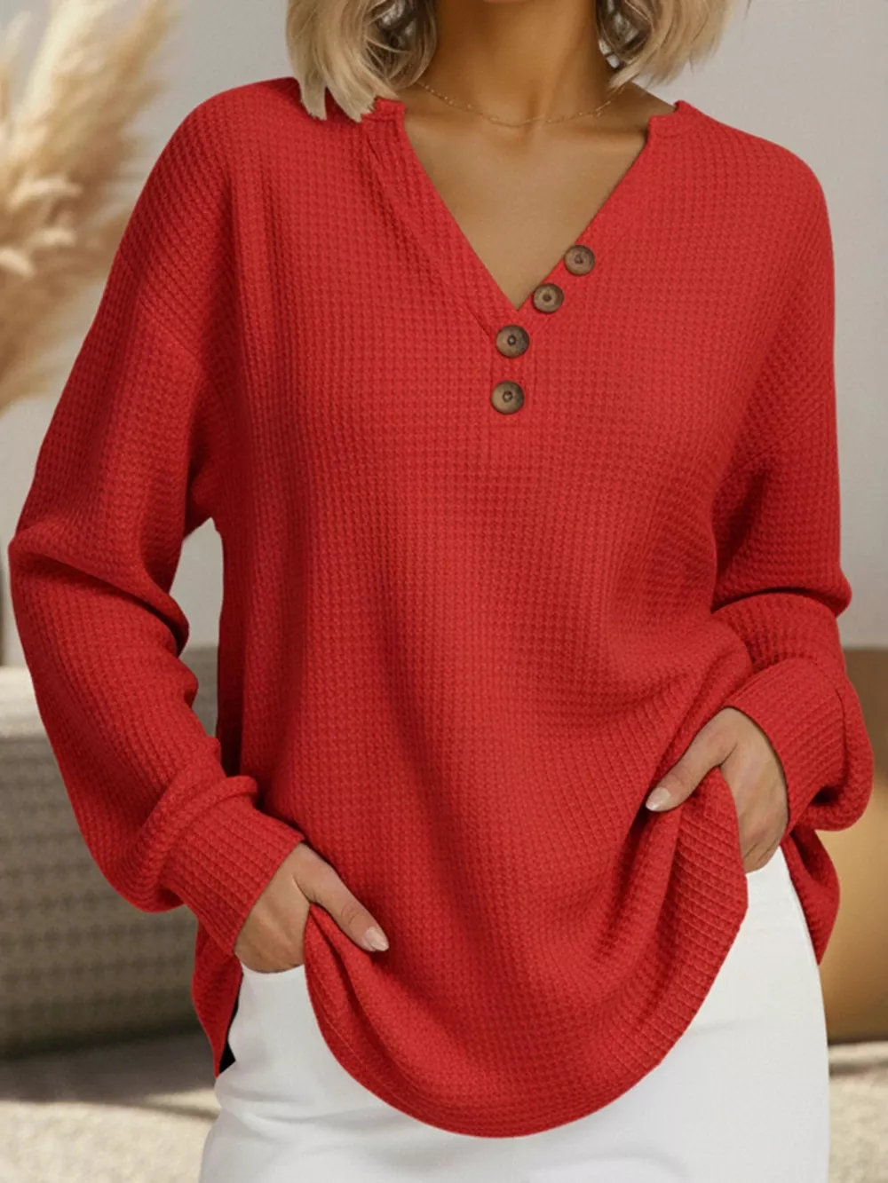 Full Size Casual Waffle Knit Long Sleeve T-Shirt Plus Size, image 11