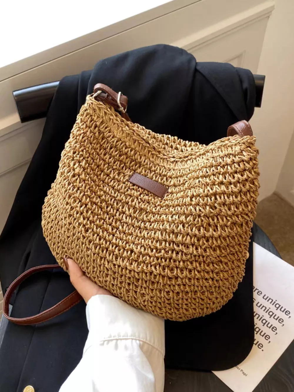 Woven Straw Adjustable Strap Crossbody Bag, image 4