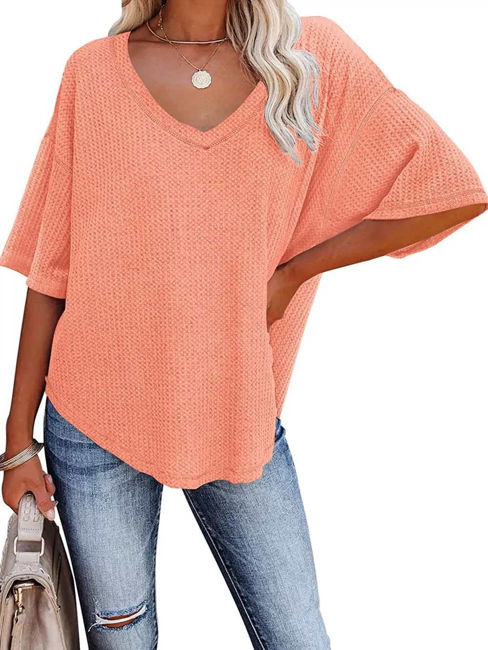 Waffle Knit V-Neck Short Sleeve T-Shirt, image 11