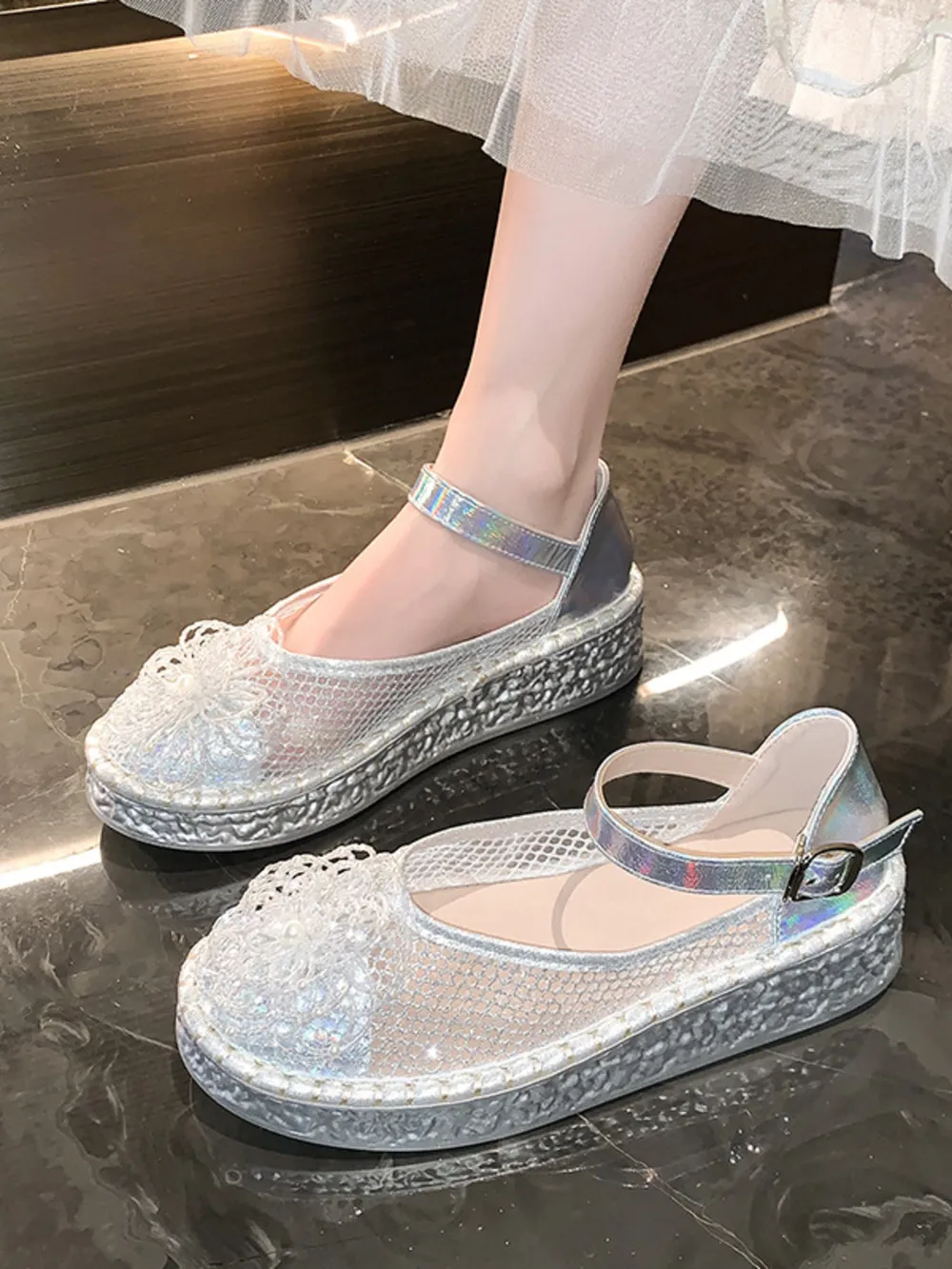 Flower Round Toe Platform Slip-Ons, image 8