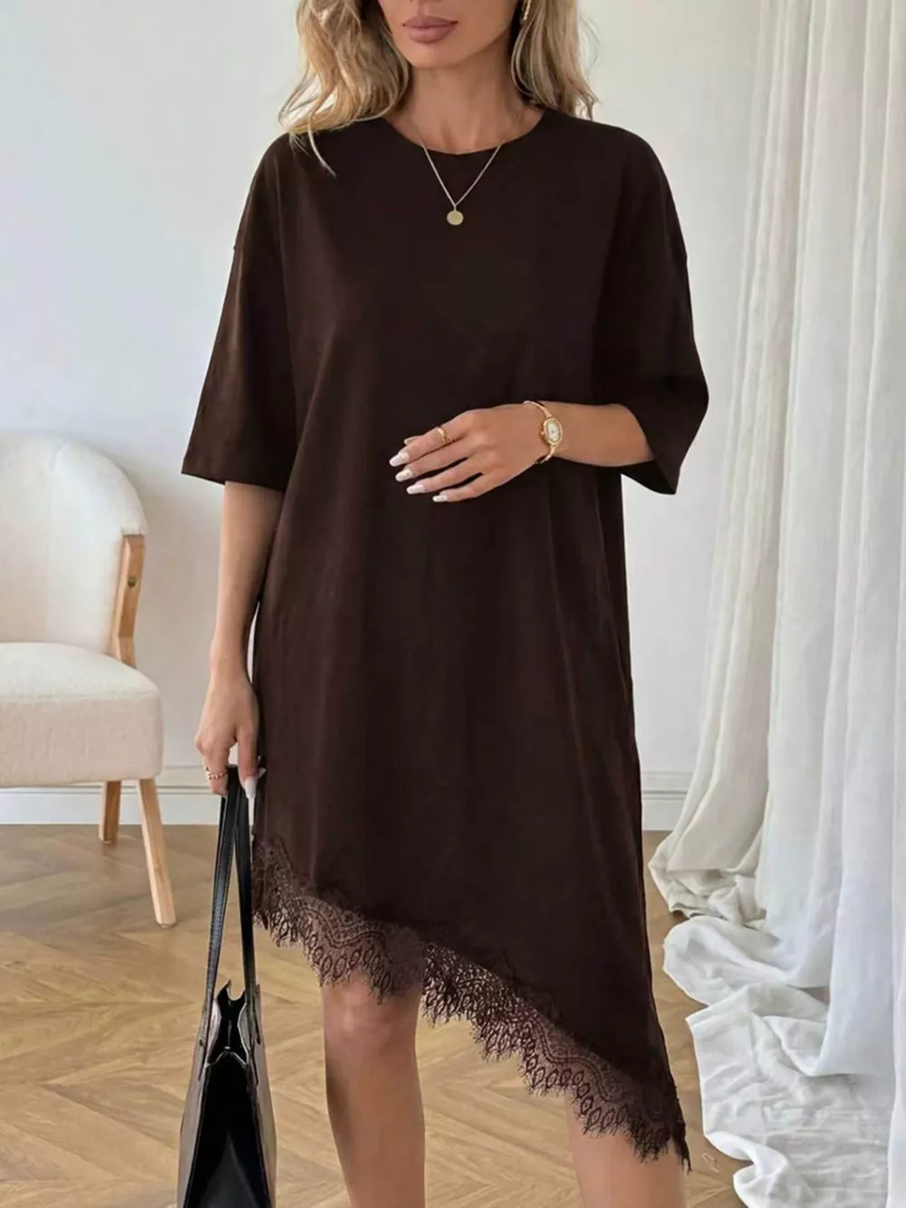 Lace Trim Asymmetrical Hem T-shirt Dress, image 18