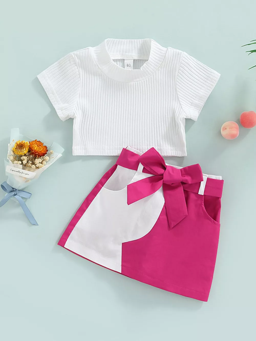 Children's Ribbed Knit Top & Bow Decor Skirt Set, image 2