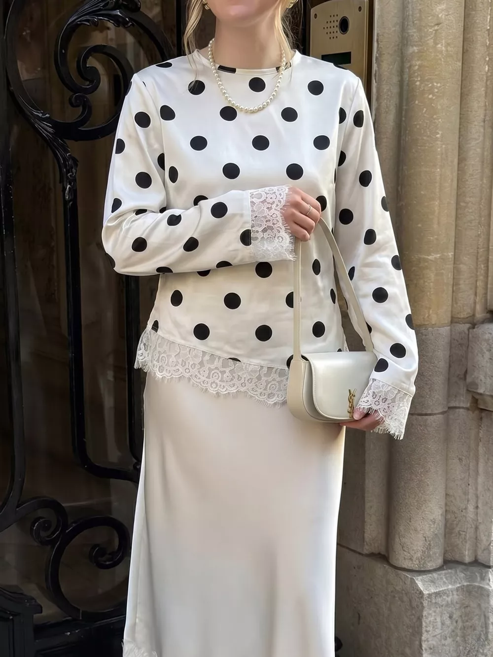 Polka Dot Satin Top with Lace Trim, image 2