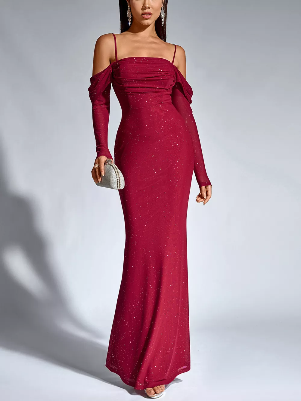 Glitter Ruched Long Sleeve Mermaid Maxi Dress, image 5
