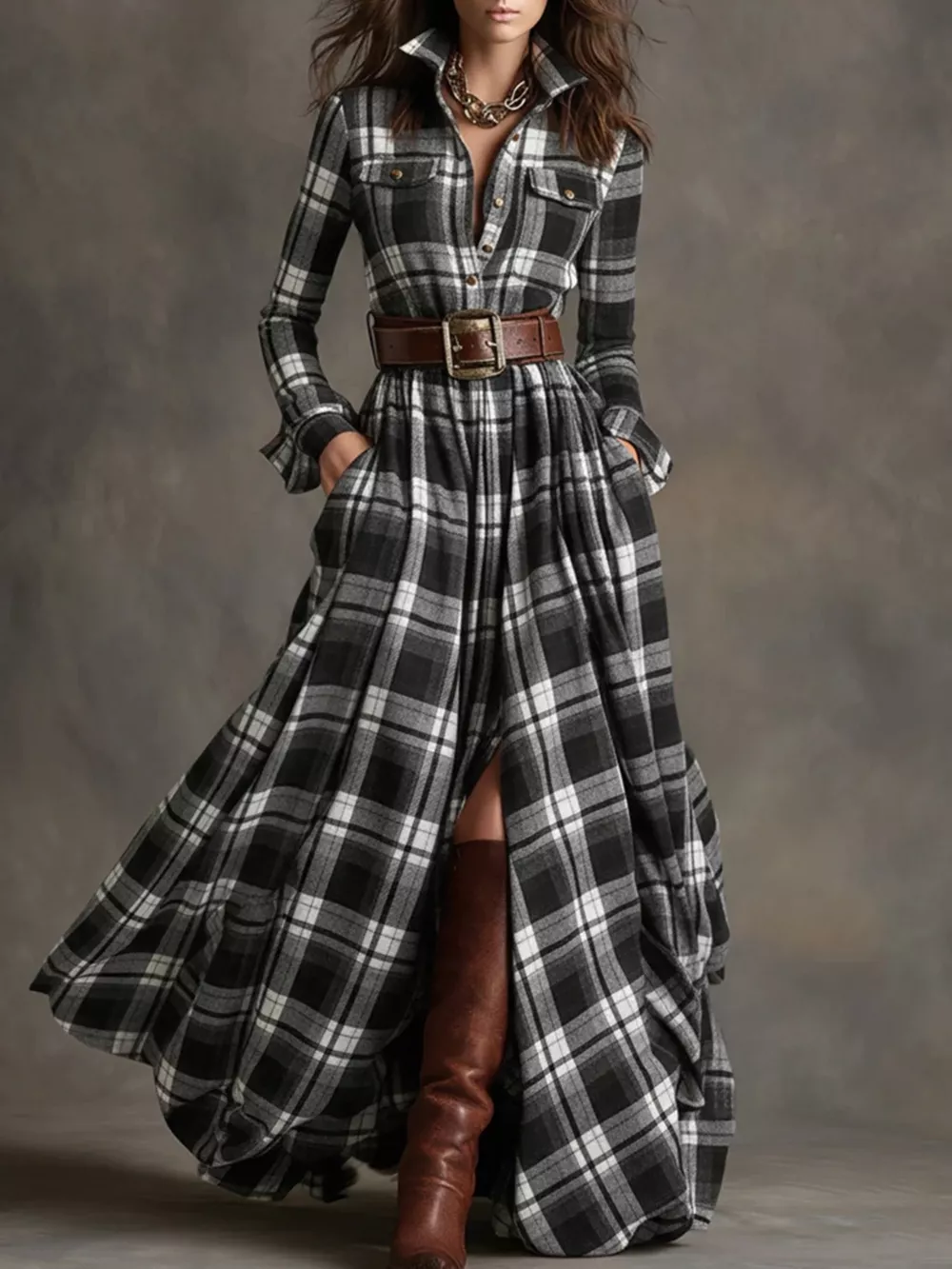 Full Size Plaid Long Sleeve Shirt Maxi Dress Plus Size
