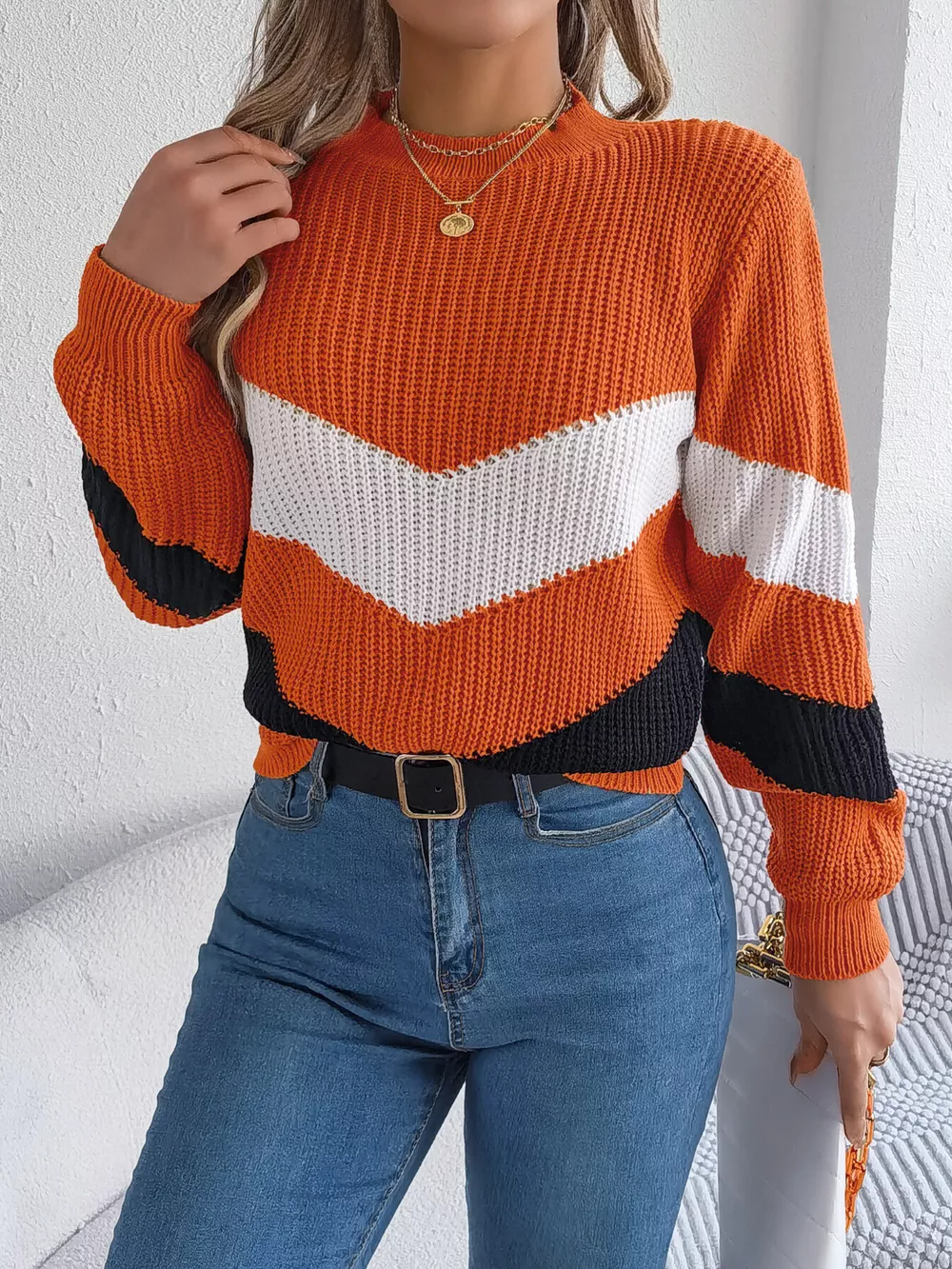 Chevron Stripe Color Block Round Neck Sweater, image 6