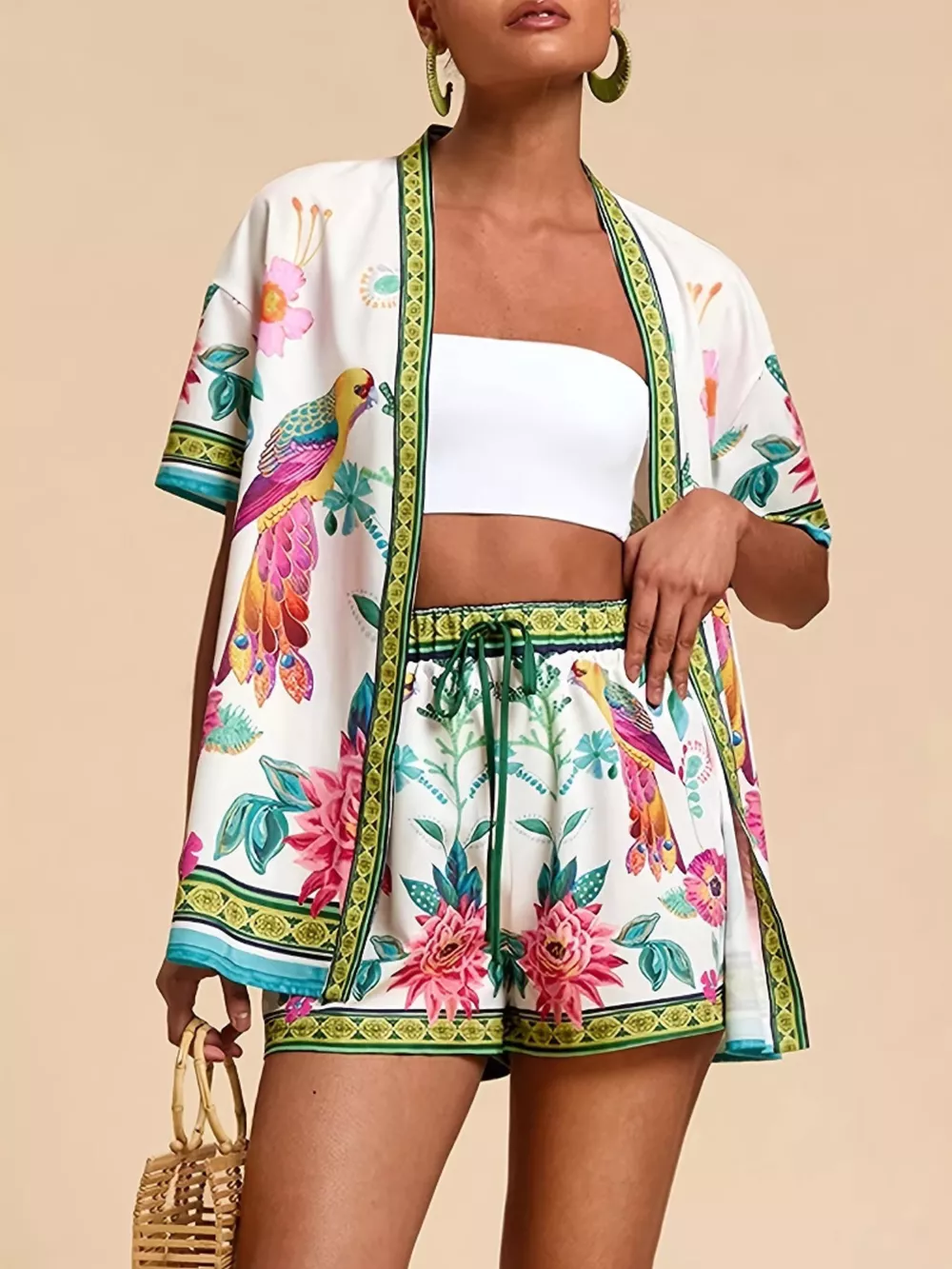 Printed Open Front Cardigan and Shorts Set, image 7