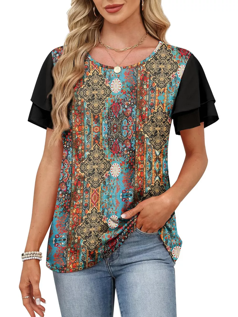 Layered Short Sleeve Round Neck T-Shirt, image 18