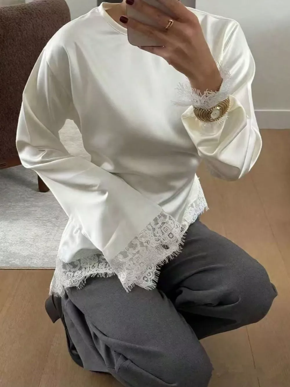 Satin Lace Trim Flare Sleeve Blouse, image 2