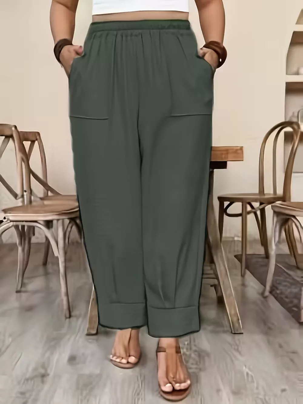 Plus Size High-Waisted Elastic Waist Pants with Pockets, image 6