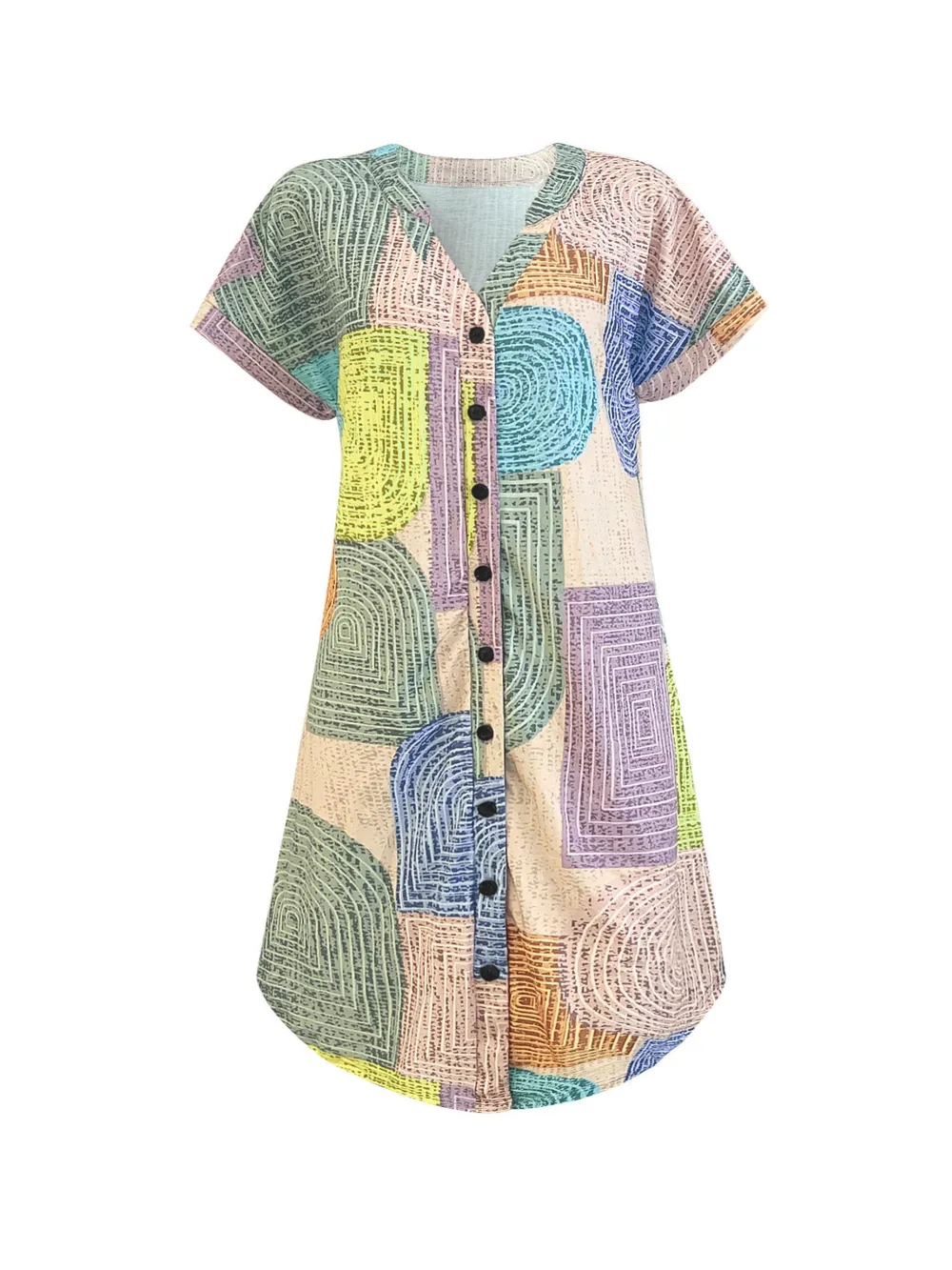 Geometric V-Neck Short Sleeve Button-Front Dress, image 5