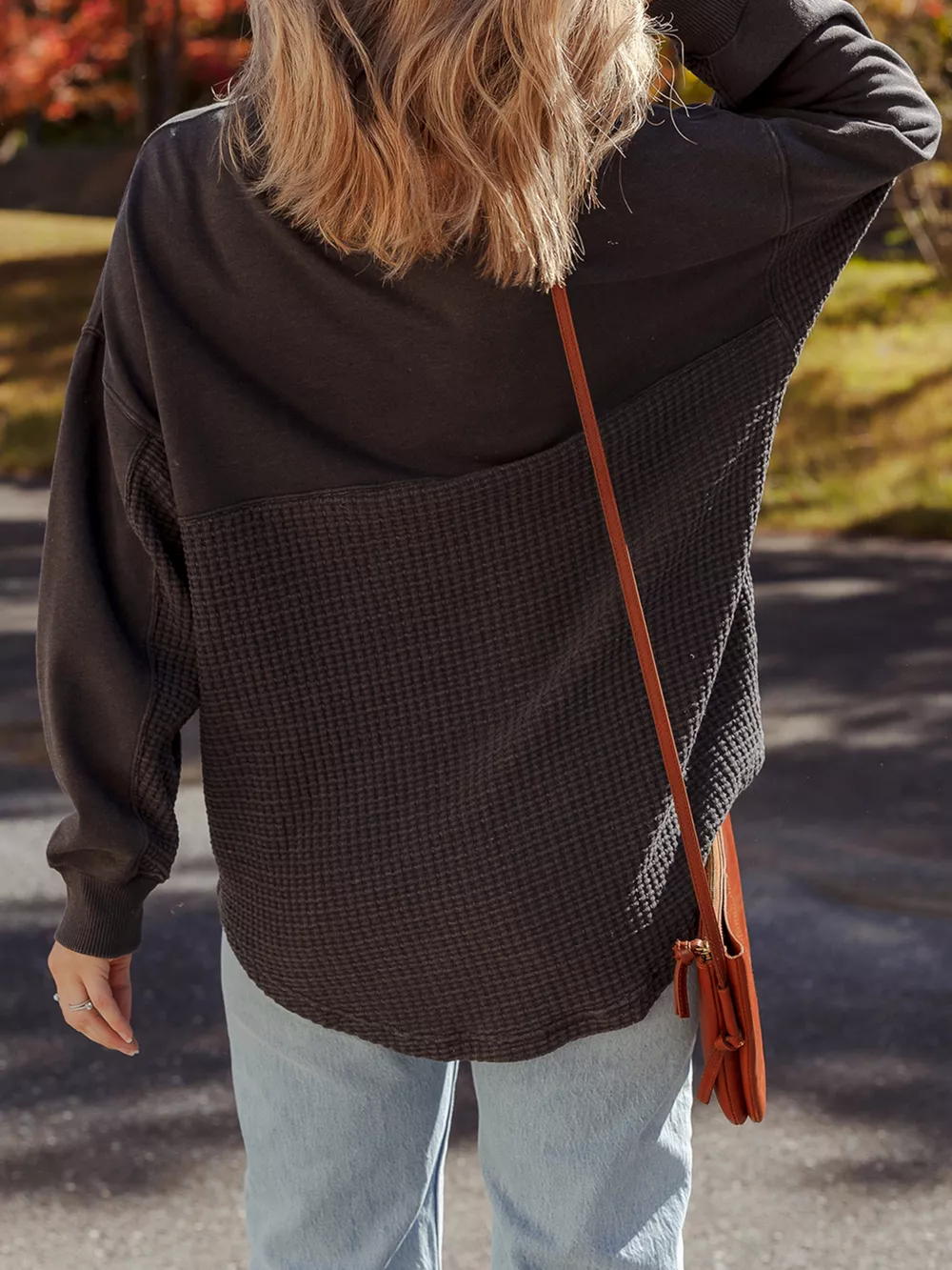 Waffle Knit Patchwork Half Zipped Casual Sweatshirt, image 3